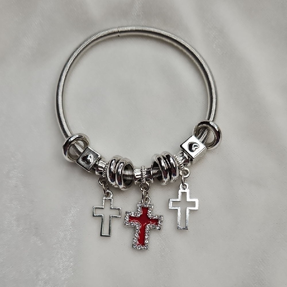 Ladies Stretch Silver Charm Bracelet Red Cross Religious Rhinestones NWOT